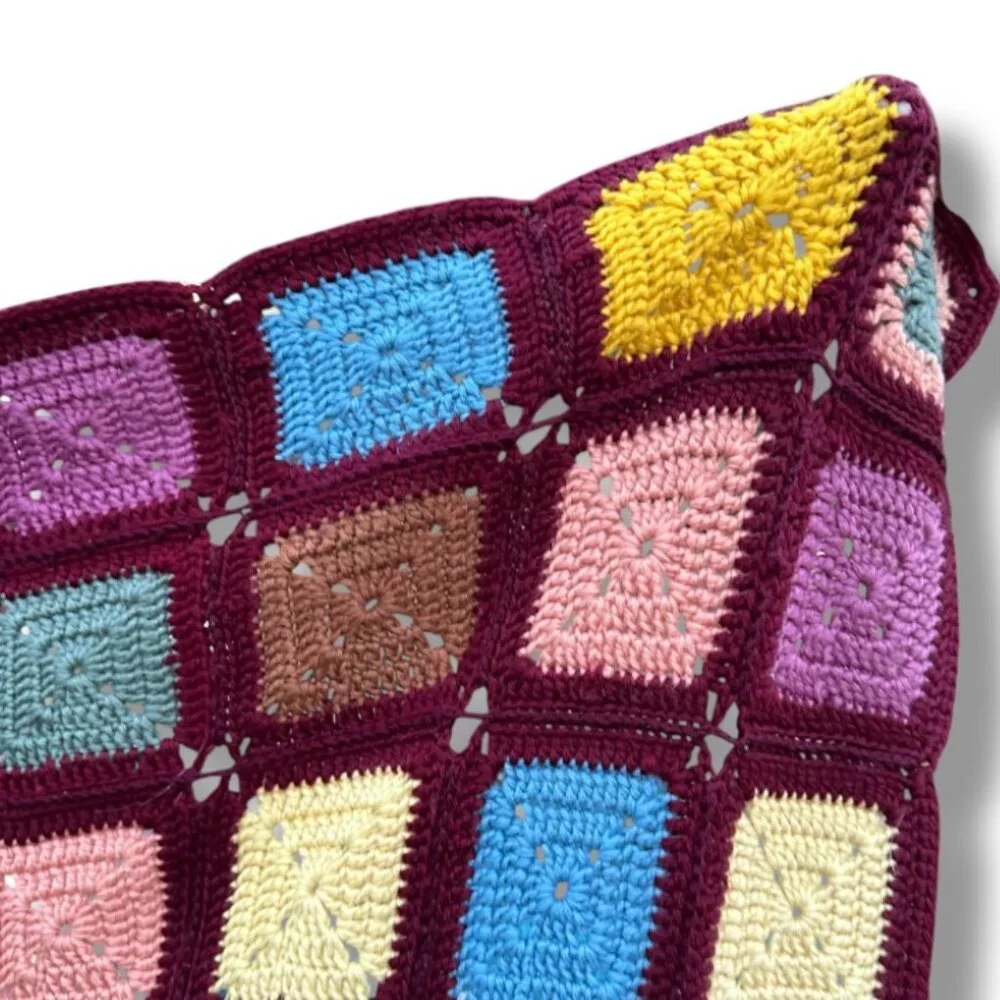 Vintage‎ Burgundy Colorful Granny Square Afghan Blanket Crochet Throw 52